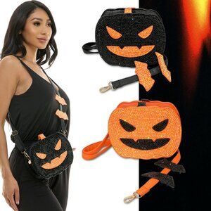 Bling Studded Halloween Pumpkin Face Bat Strap Crossbody Bag Orange or Black Bat